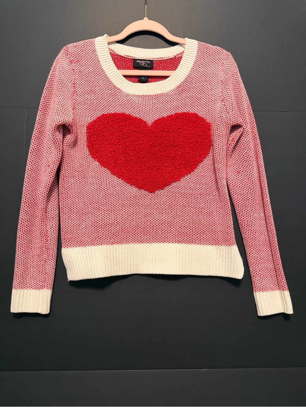 Hooked Up by IOT red and White Crewneck Sweater with Red Heart and Cream Trim